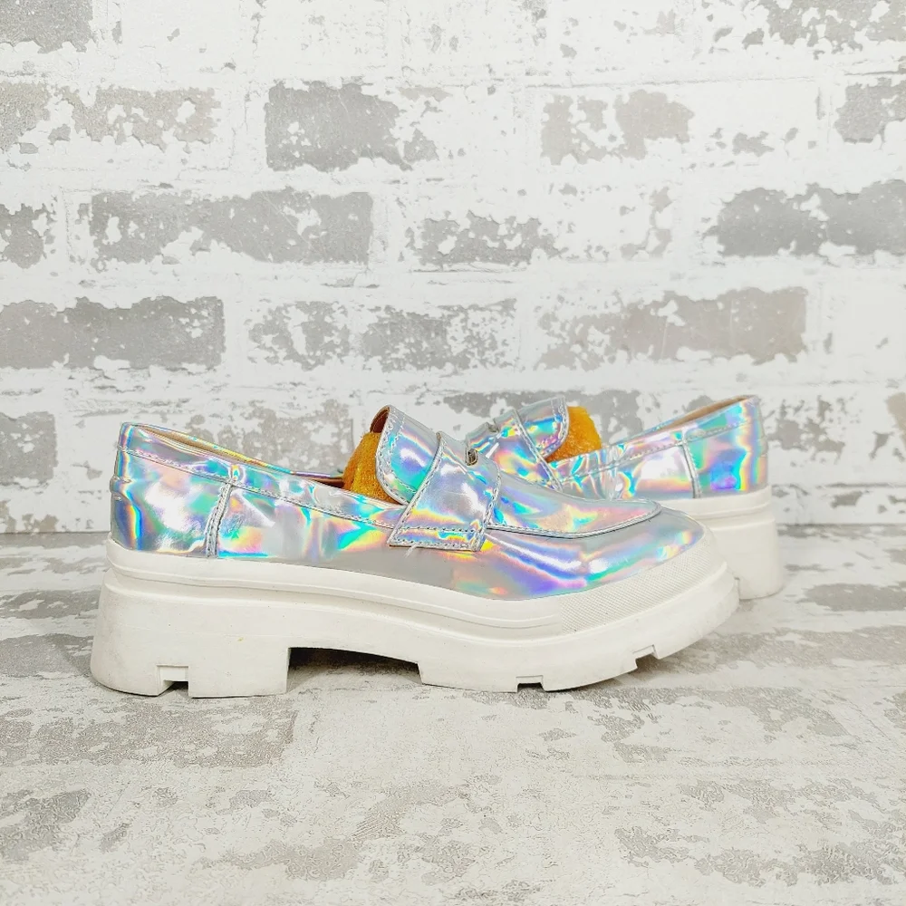 NEW Steve Madden Koryn Silver Iridescent Chunky Platform Loafers C924